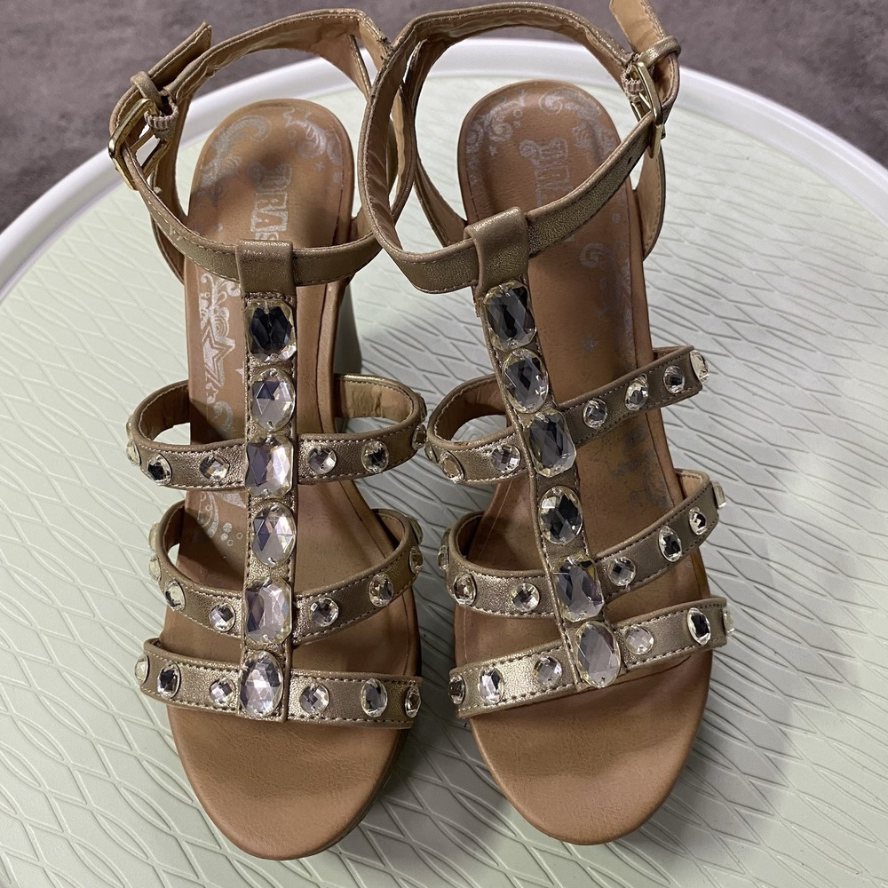 BRASH STRAPPY WEDGE HEELS SHOES SIZE 7 GOLD‎ STRAPS WITH RHINESTONES 4" HEEL